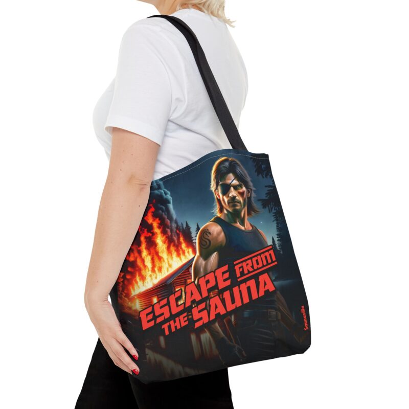 Canvas tote bag with “Escape From the Sauna” in retro action-movie font and cartoon steam clouds