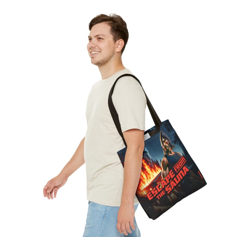 Printed tote bag featuring a wild-eyed character fleeing a blazing hot sauna, towel trailing behind