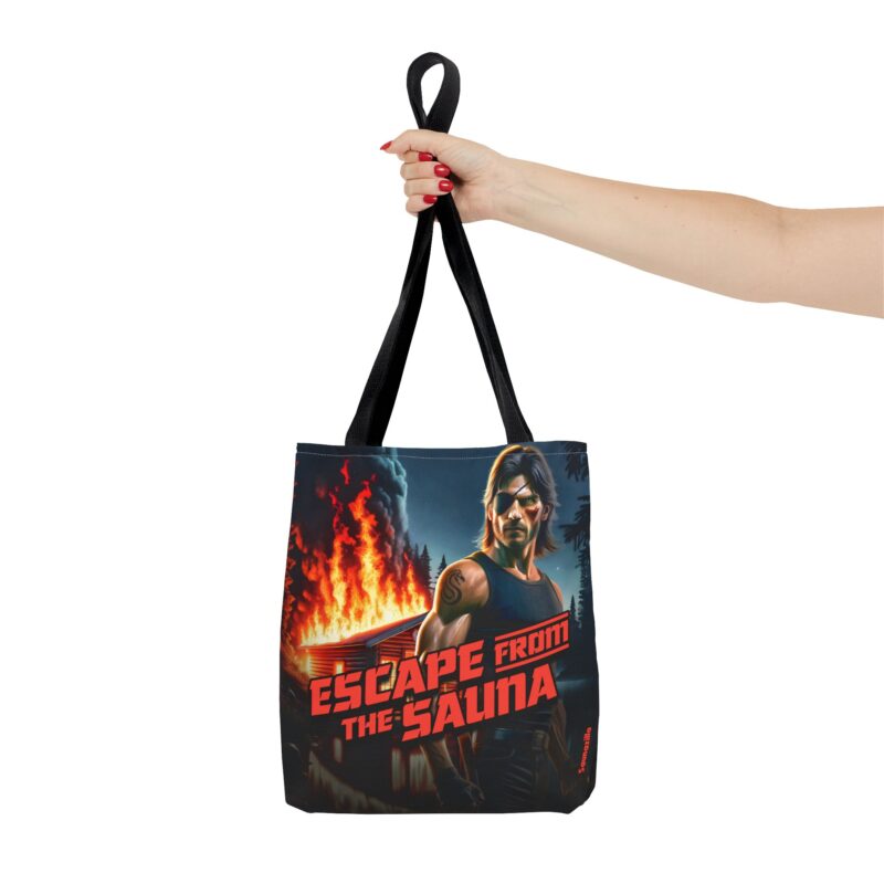 Eco friendly tote bag parodying 80s thrillers – dramatic escape scene with löyly intensity