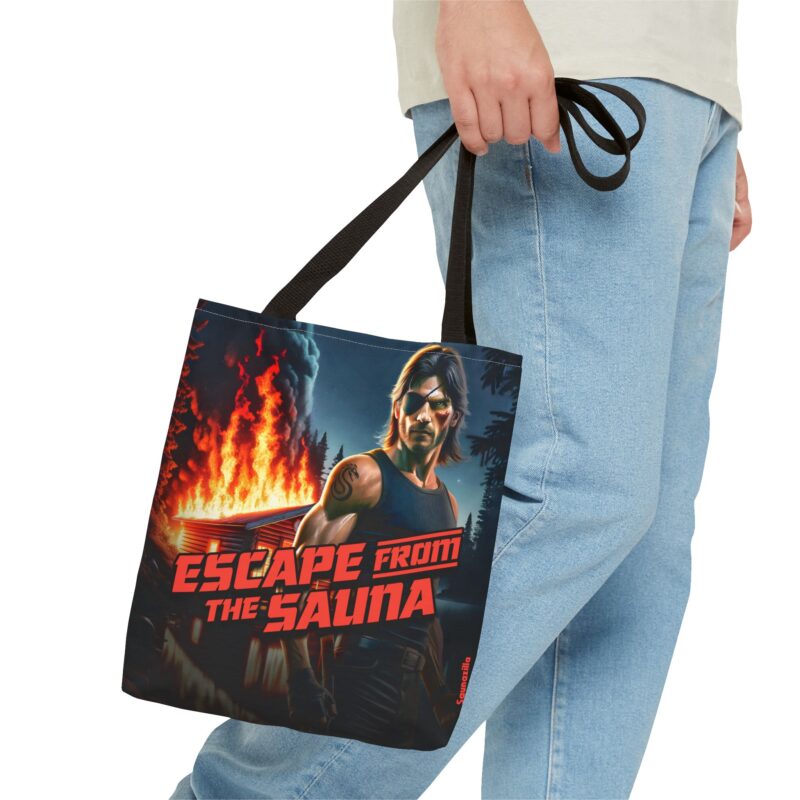 Large canvas tote bag with comic-style artwork showing heroic sauna escape under bold title