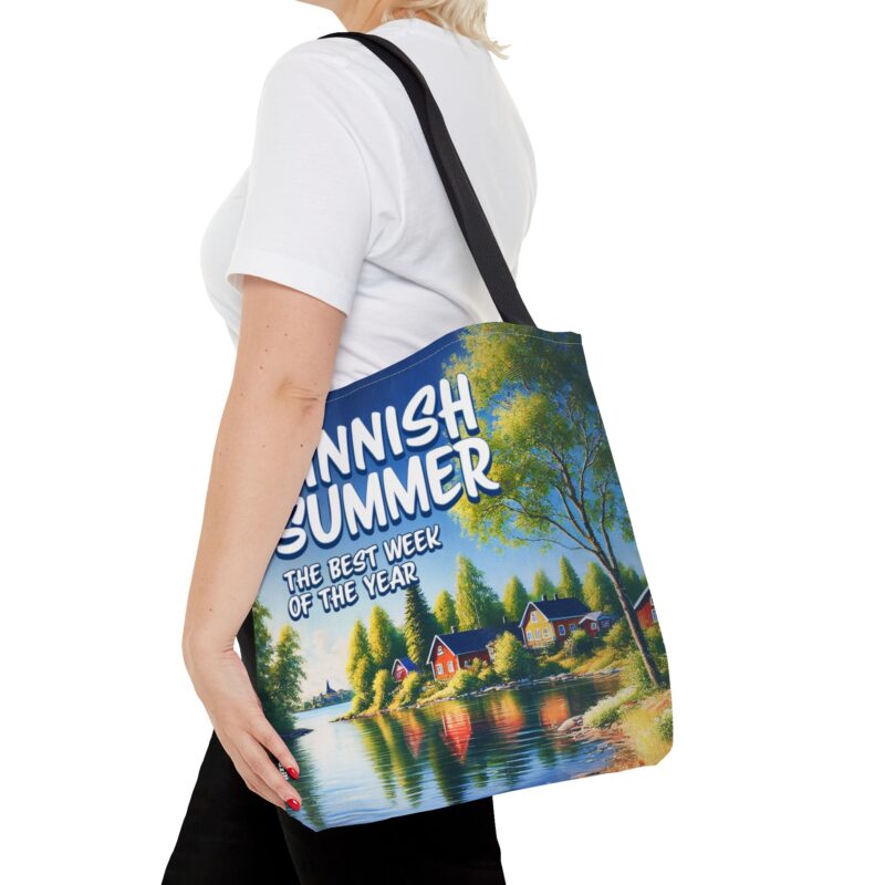 Printed tote bag showing a cartoon sun peeking through clouds for just one brief moment