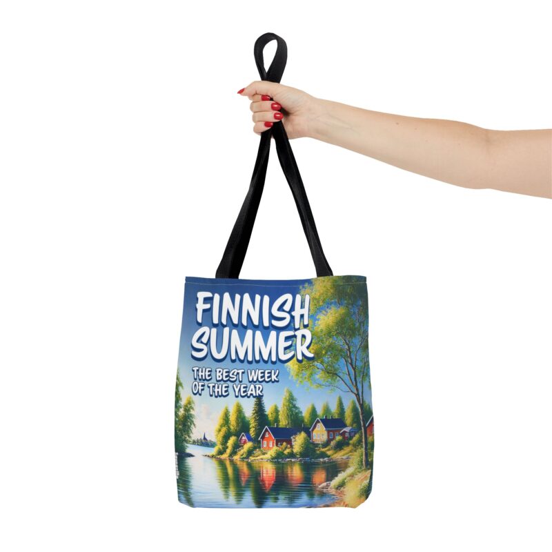 Eco friendly tote bag with humorous text and rainy summer iconography – pure Finnish irony