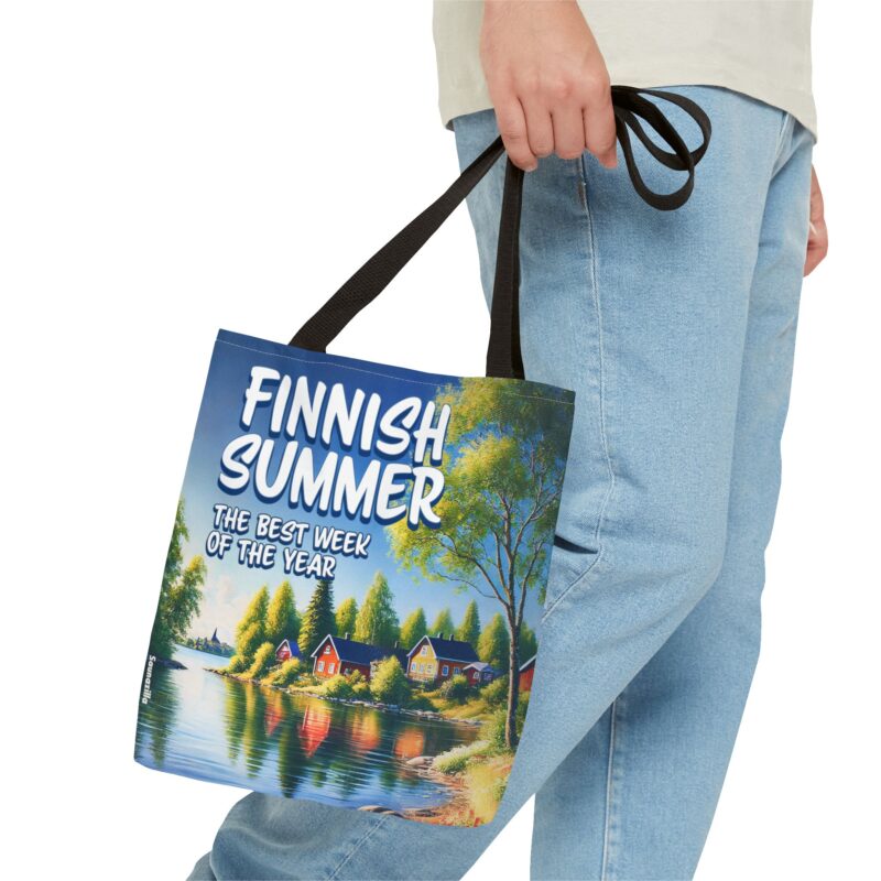 Shopping tote bag featuring a bundled-up beachgoer under the slogan “Best Week Of The Year”