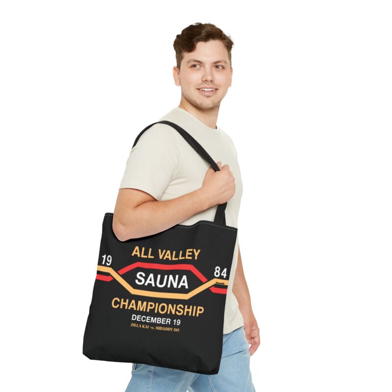 Canvas tote bag featuring “All Valley Sauna Championship” in retro karate tournament font with steam clouds