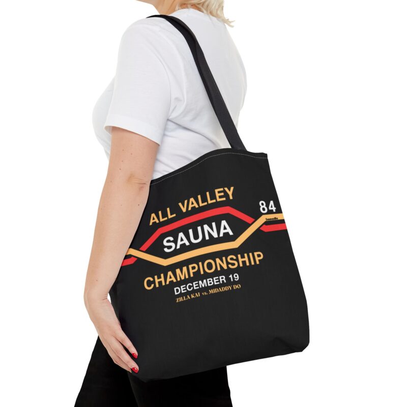Printed tote bag parodying martial arts events – sauna fighters in action poses under dramatic text