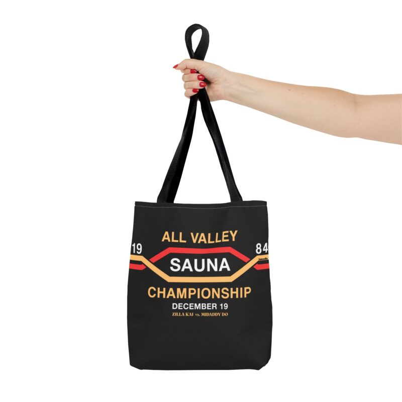 Eco friendly tote bag with cartoon characters in towels and sauna hats facing off like karate rivals