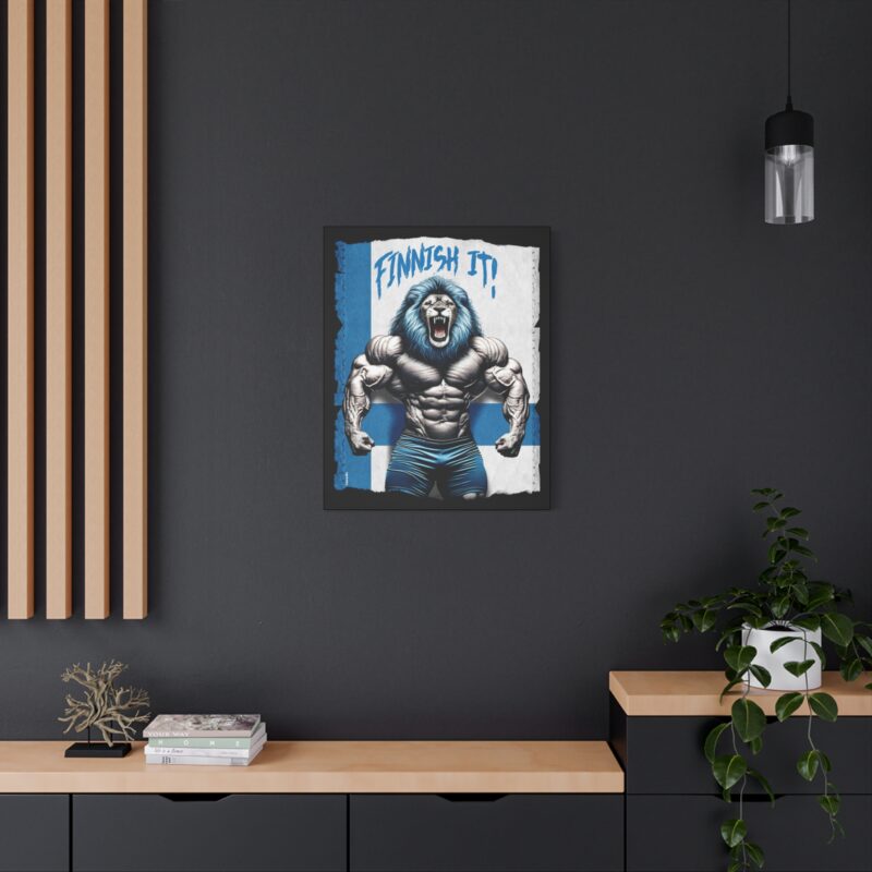 Stretched canvas print featuring a muscular cartoon lion with the phrase “Finnish It” in bold text