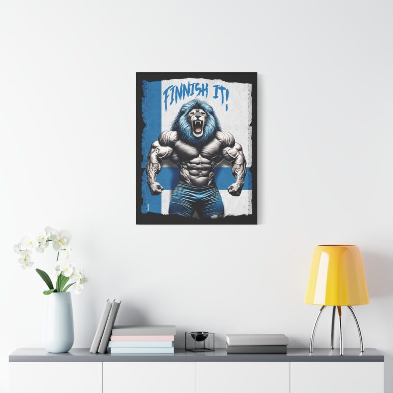 Funny wall art with a jacked lion lifting weights and a pun on “Finish” and “Finnish” pride
