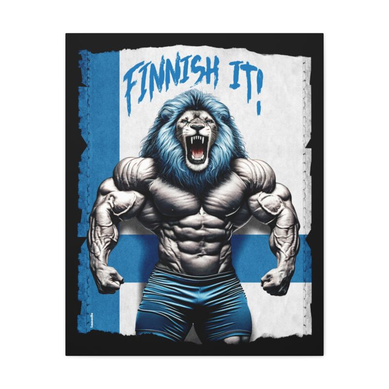 Humorous wall art featuring Finland’s lion reimagined as a bodybuilder, flexing hard