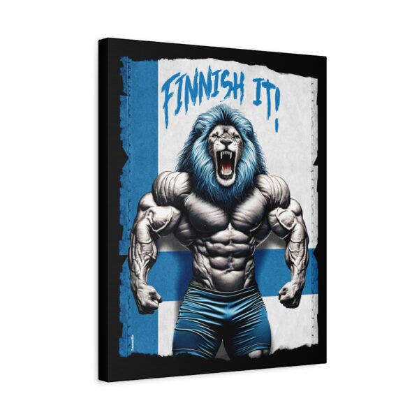 Canvasprint showing a bodybuilding lion roaring with “Finnish It” slogan – power meets humor