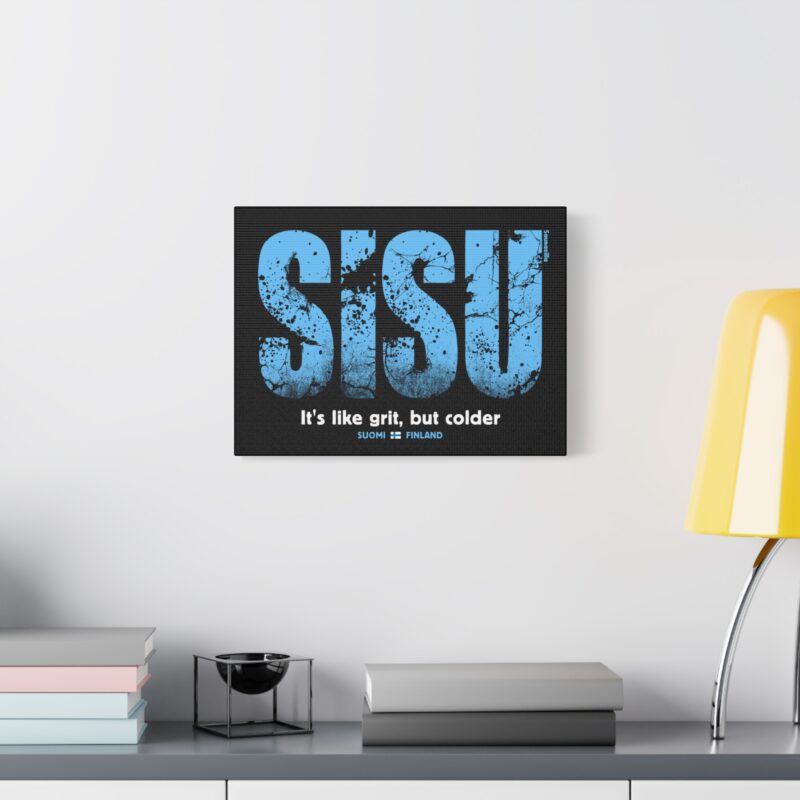 Canvasprint with clean white text on black background – “Sisu” design with Nordic toughness