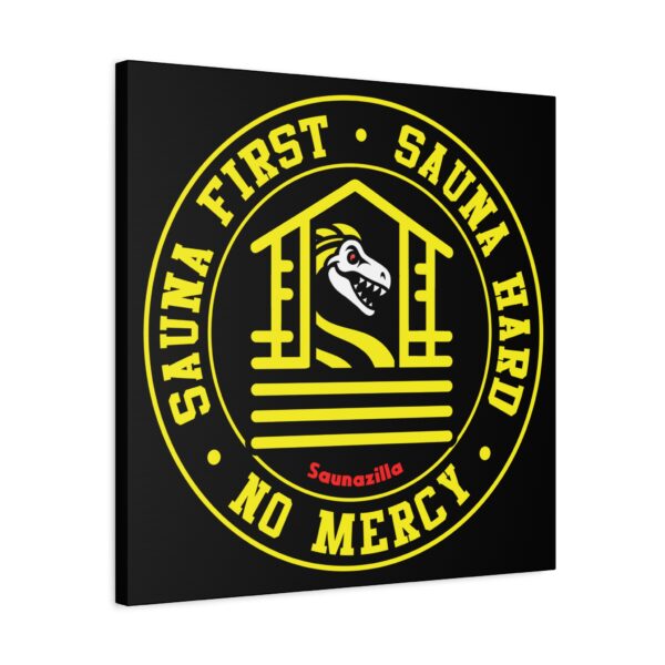 Canvas art with tough sauna warrior vibes – bold black text on red-hot background