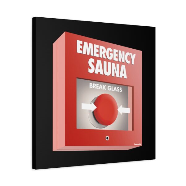 Canvasprint showing a sauna cabin behind caution tape and a glowing “Emergency Sauna” sign