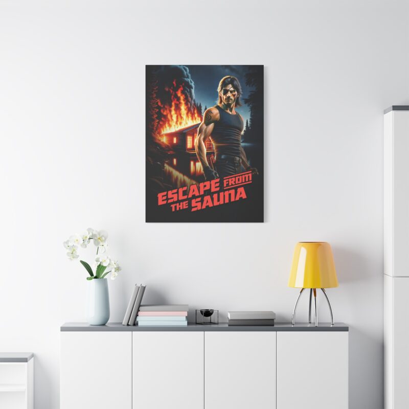 Stretched canvas print with the phrase “Escape From The Sauna” and a cartoon figure bursting through steam