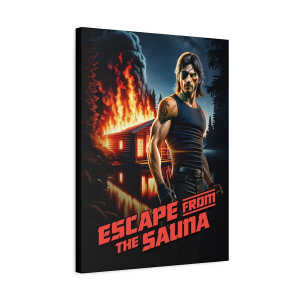 Canvas art styled like a retro action movie poster – “Escape From The Sauna” in bold cinematic font