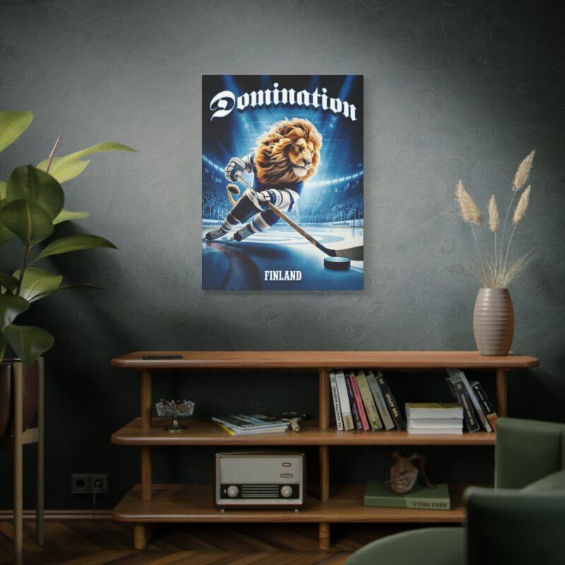 Stretched canvas print featuring a fierce Finnish lion in hockey gear with the word “Domination” below