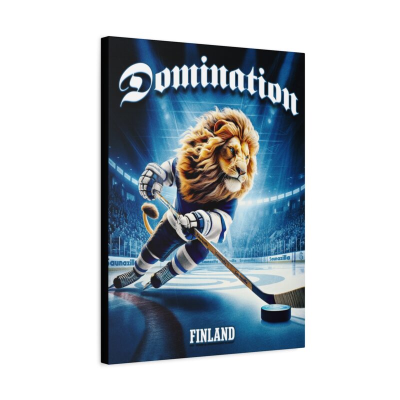 Stretched canvas art celebrating Finnish hockey pride – cartoon lion slamming the puck into the net