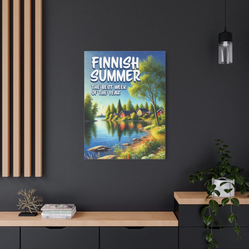Canvasprint featuring a rainy picnic scene with dark clouds and the ironic slogan “Finnish Summer”