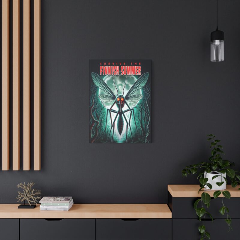 Stretched canvas print with the phrase “Survive The Finnish Summer” and a swarm of cartoon mosquitoes