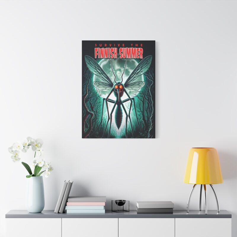 Funny wall art showing a sweating figure battling bugs in endless daylight – “Survive The Finnish Summer”