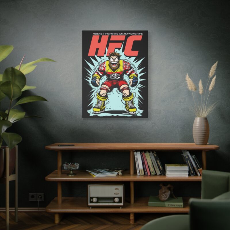 Stretched canvas print featuring bold “HFC – Hockey Fighting Championships” text with intense face-off illustration