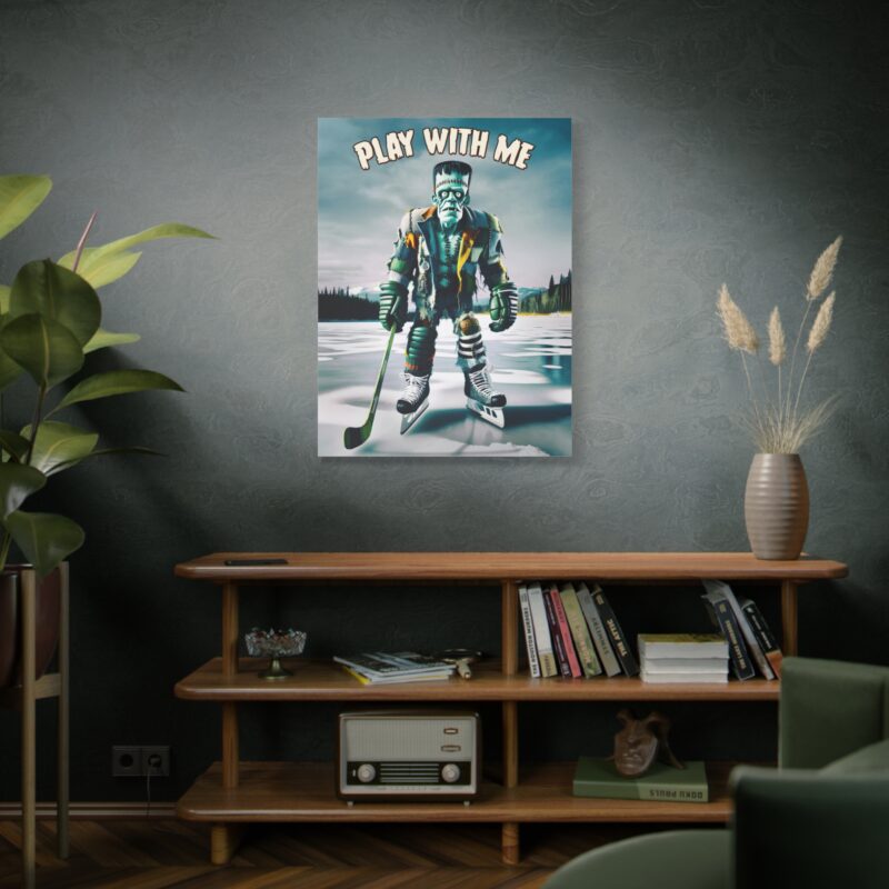 Stretched canvas print featuring a monstrous Frankenstein player charging across the ice with glowing eyes