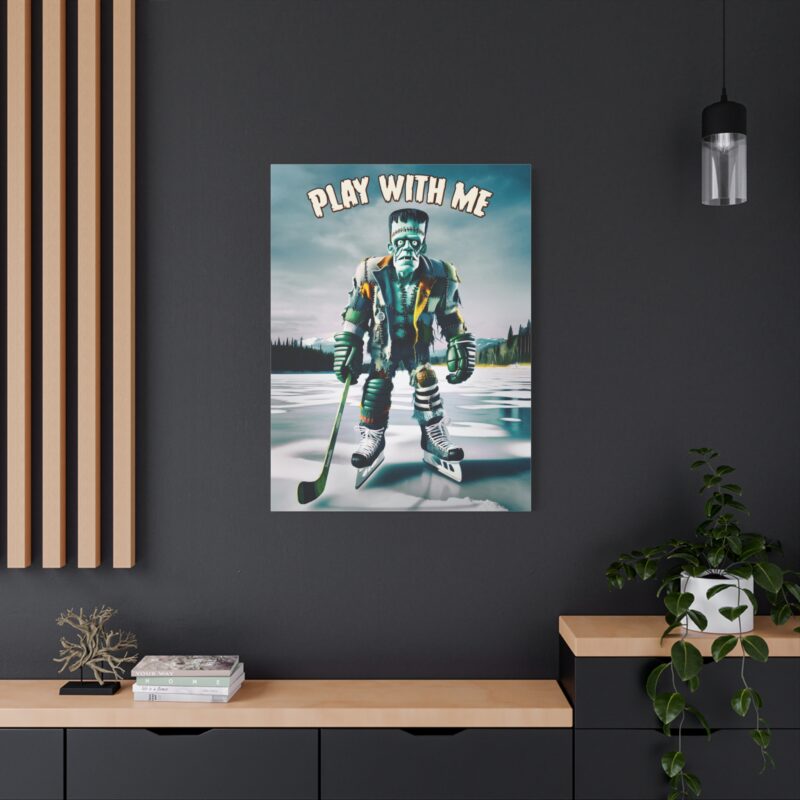 Canvasprint of a stitched-up hockey beast smashing a puck, lightning crackling in the background
