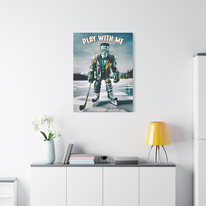 Canvas art mixing horror and sports – Frankenstein’s monster in full hockey gear, mid-check