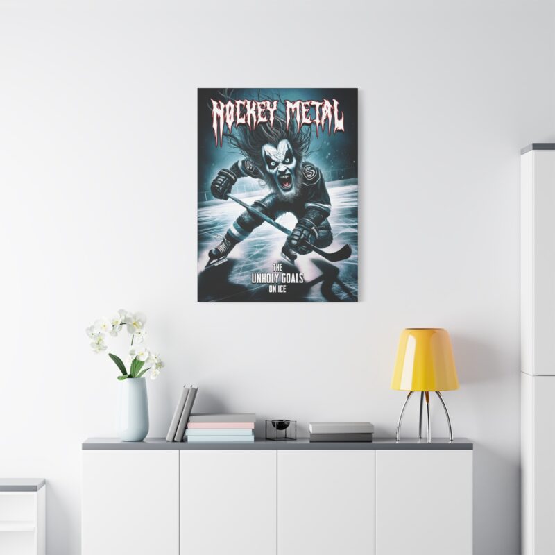 Canvas art blending heavy metal aesthetics with ice hockey mayhem – perfect for hardcore fans