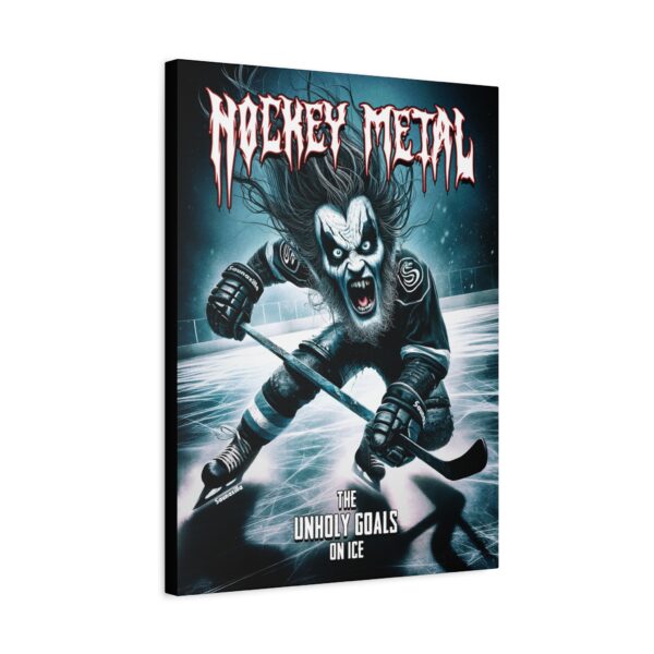 Stretched canvas art of demonic hockey action – players clashing in metal armor and snow spray