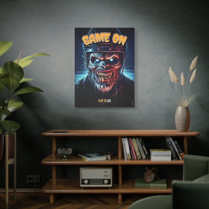 Stretched canvas print with bold “Game On, Play To Live” slogan over dynamic sports-themed artwork