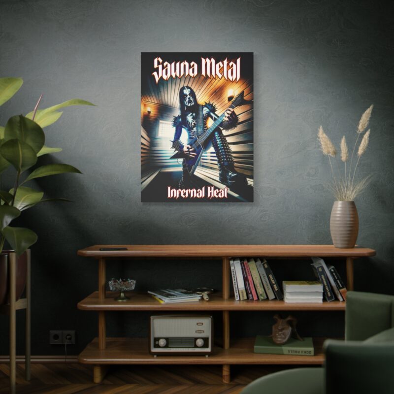 Stretched canvas print with “Sauna Metal – Infernal Heat” in flaming gothic font and dark sauna vibes