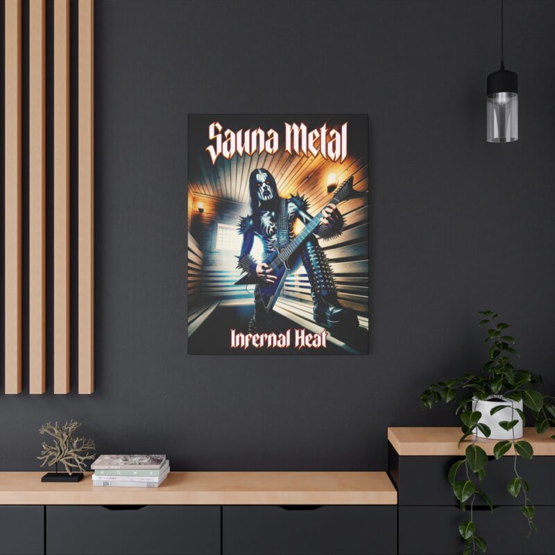 Canvasprint featuring a heavy metal-inspired sauna scene with skulls, steam, and fire