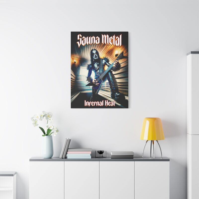 Funny wall art merging metal band visuals with Finnish sauna culture – “Infernal Heat” edition