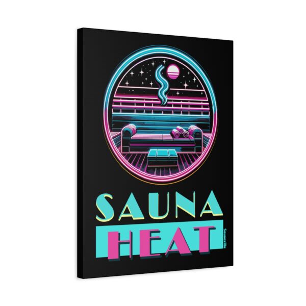 Stretched canvas art showing a wooden sauna interior glowing with heat under the words “Sauna Heat”