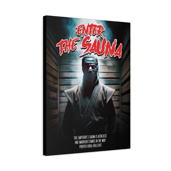 Canvas art featuring a cartoon ninja holding a towel like nunchucks outside a wooden sauna