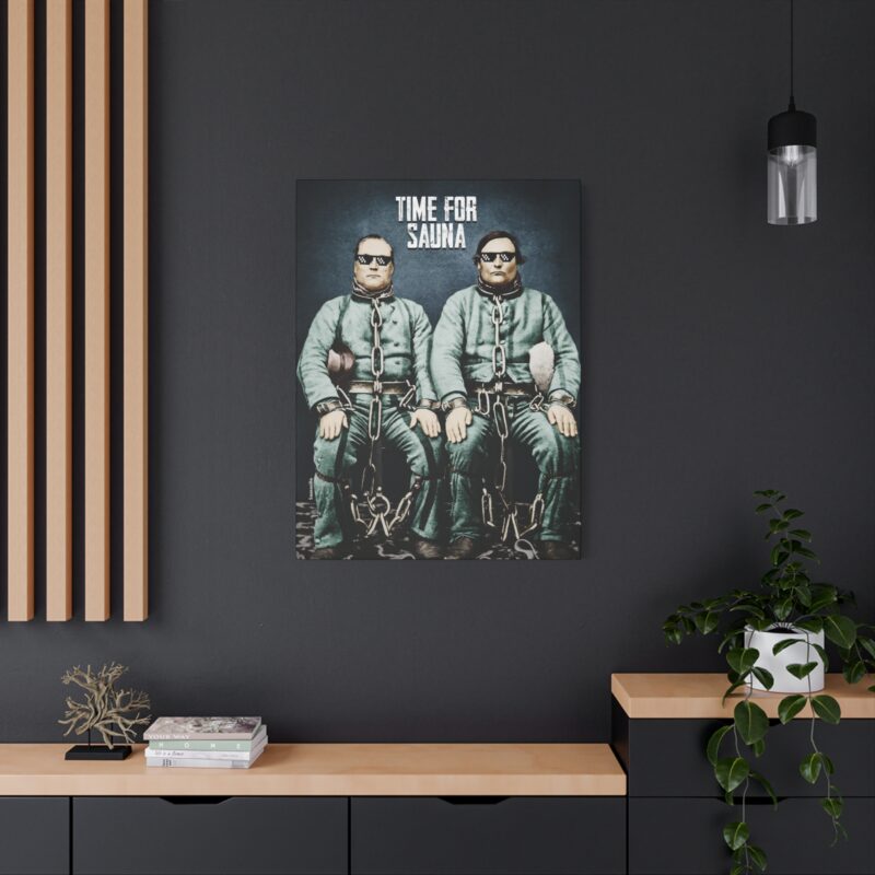 Funny wall art blending Finnish knife-fighter legend with steam and sauna humor