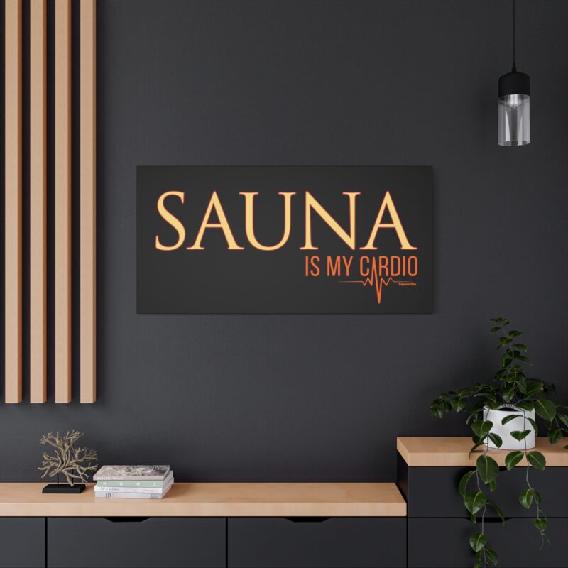 Funny wall art blending gym humor with Finnish heat – “Sauna Is My Cardio” in sporty font
