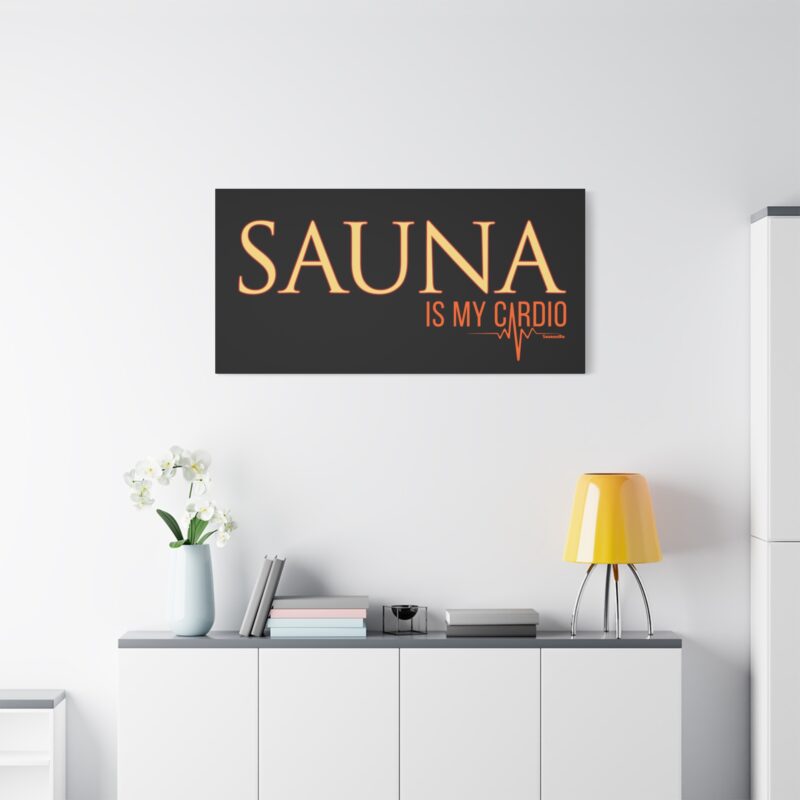 Canvasprint featuring a cartoon figure sweating in a sauna with fitness-themed typography