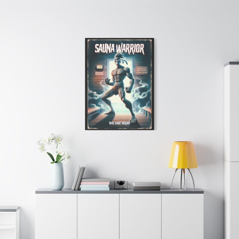 Canvasprint with bold “Sauna Warrior” text and a powerful Nordic figure emerging from steam