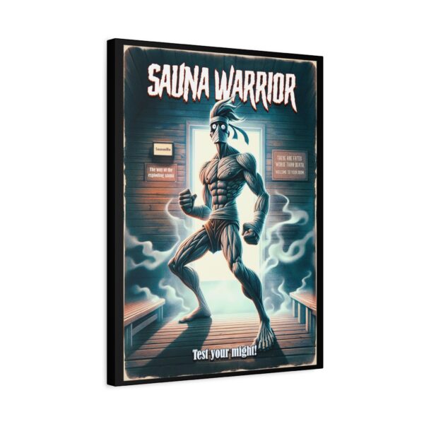 Stretched canvas art of a muscular cartoon Viking in a sauna setting, “Sauna Warrior” title
