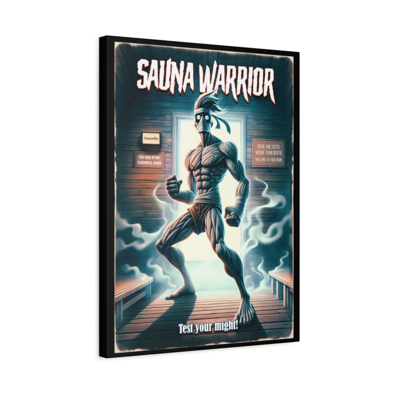 Stretched canvas art of a muscular cartoon Viking in a sauna setting, “Sauna Warrior” title