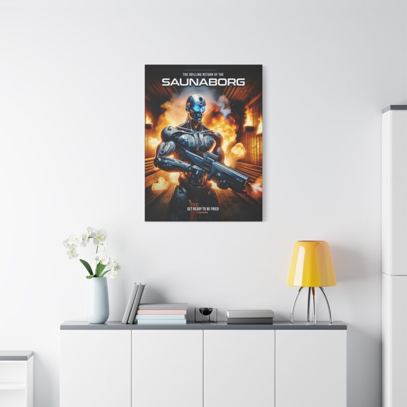 Canvasprint showing a futuristic sauna-themed cyborg with glowing eyes and chimney steam