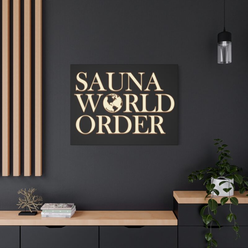 Stretched canvas print with bold “Sauna World Order” text in a wrestling-inspired design