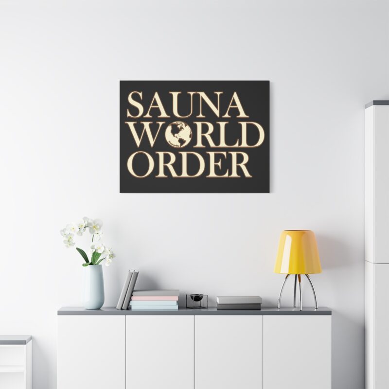Funny wall art parodying wrestling culture with a steamy twist – “Sauna World Order” logo style