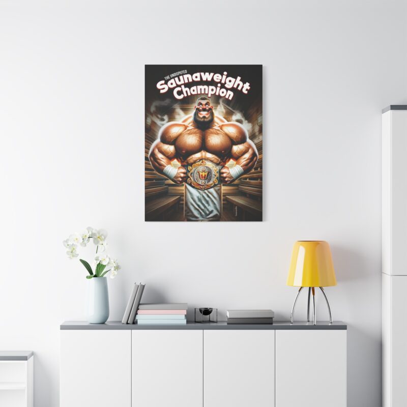 Canvasprint showing a cartoon sauna fighter posing with towel and gold championship belt