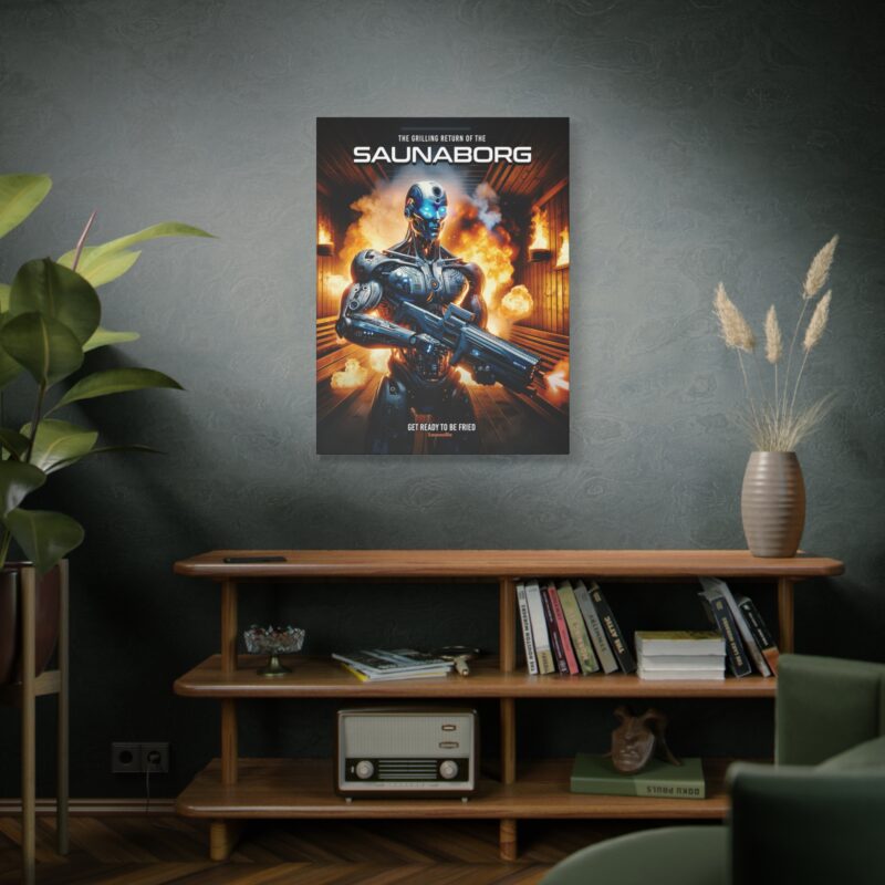 Stretched canvas print featuring “Saunaborg” – a half-robot, half-sauna character in dramatic style