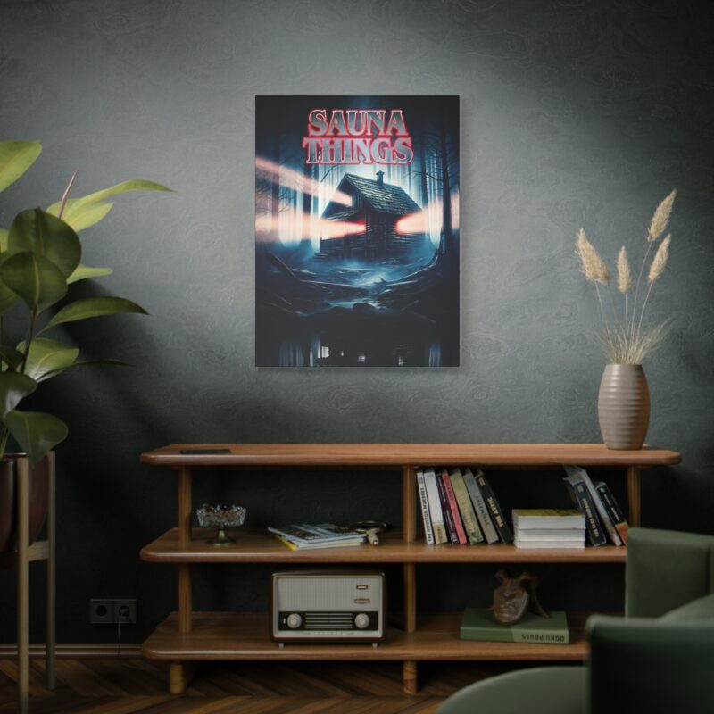 Stretched canvas print with retro “Sauna Things” text inspired by 80s horror series style