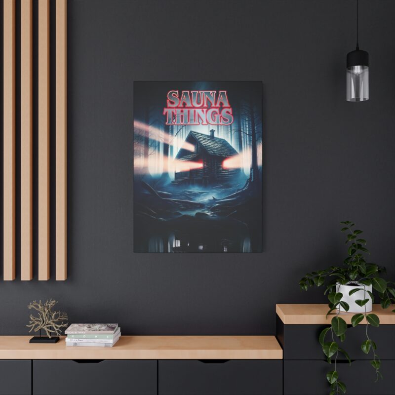 Funny wall art featuring a steam-filled twist on classic pop culture horror themes – “Sauna Things”