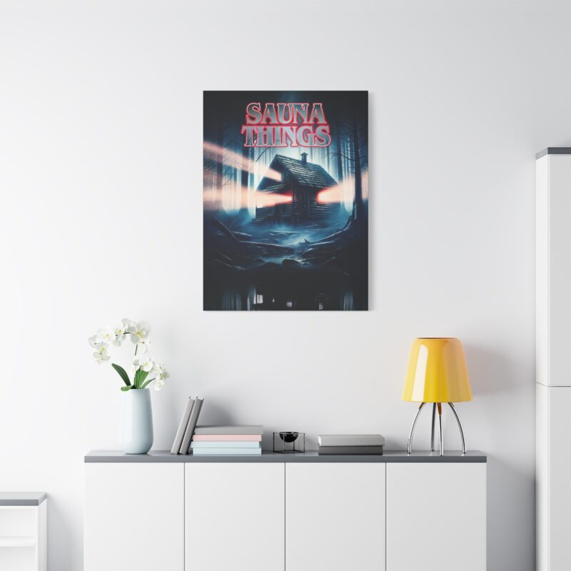 Canvasprint parodying a famous show title with a Finnish sauna spin and eerie red lettering